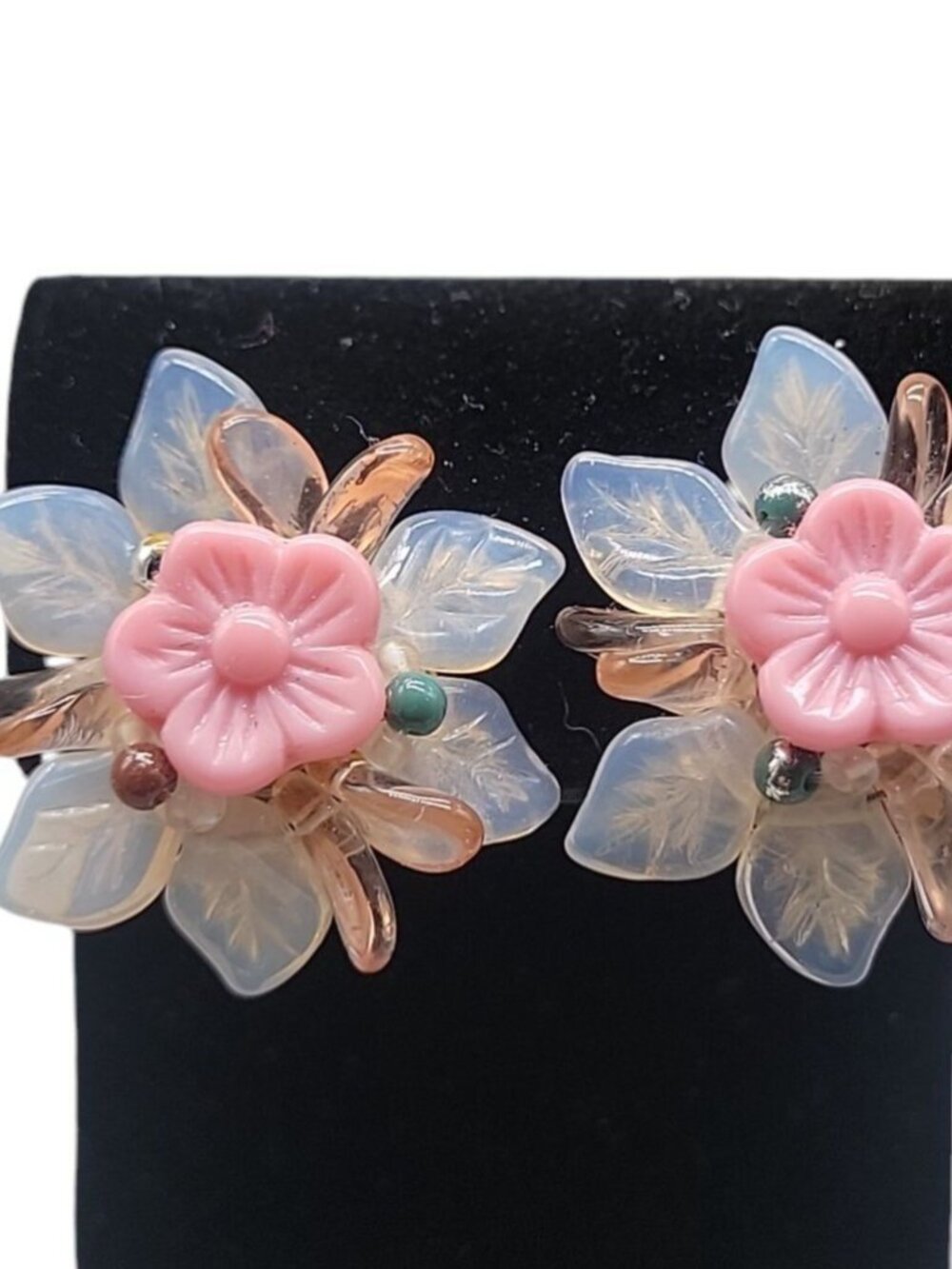 Western Germany Flower Clip On Earrings Glass Lucite Handmade Vintage Pink Clear
